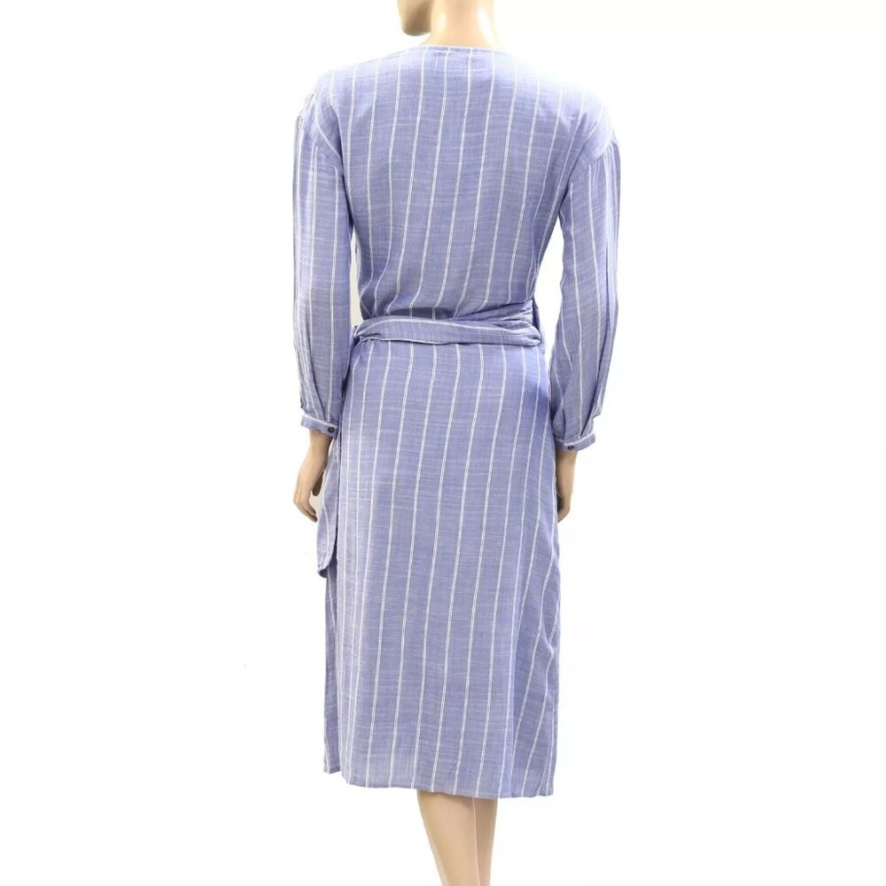 Sezane Robe Laurette Midi Dress Wrap Striped Embroidered Long Sleeve XL44 278238 - Picture 9 of 9